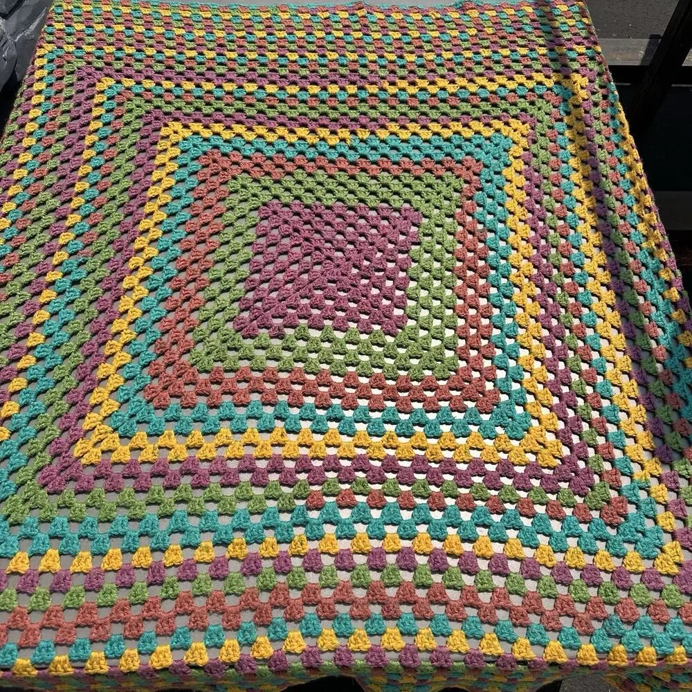 Crocheted Granny Square Multicolor Sofa Throw Afghan 57x57 Vintage Cottagecore
